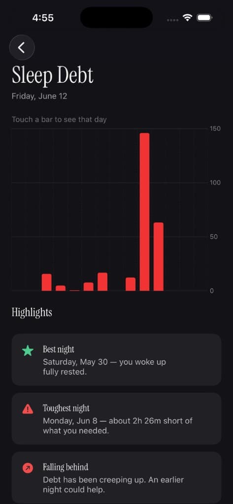 Dozy sleep debt — daily breakdown and highlights
